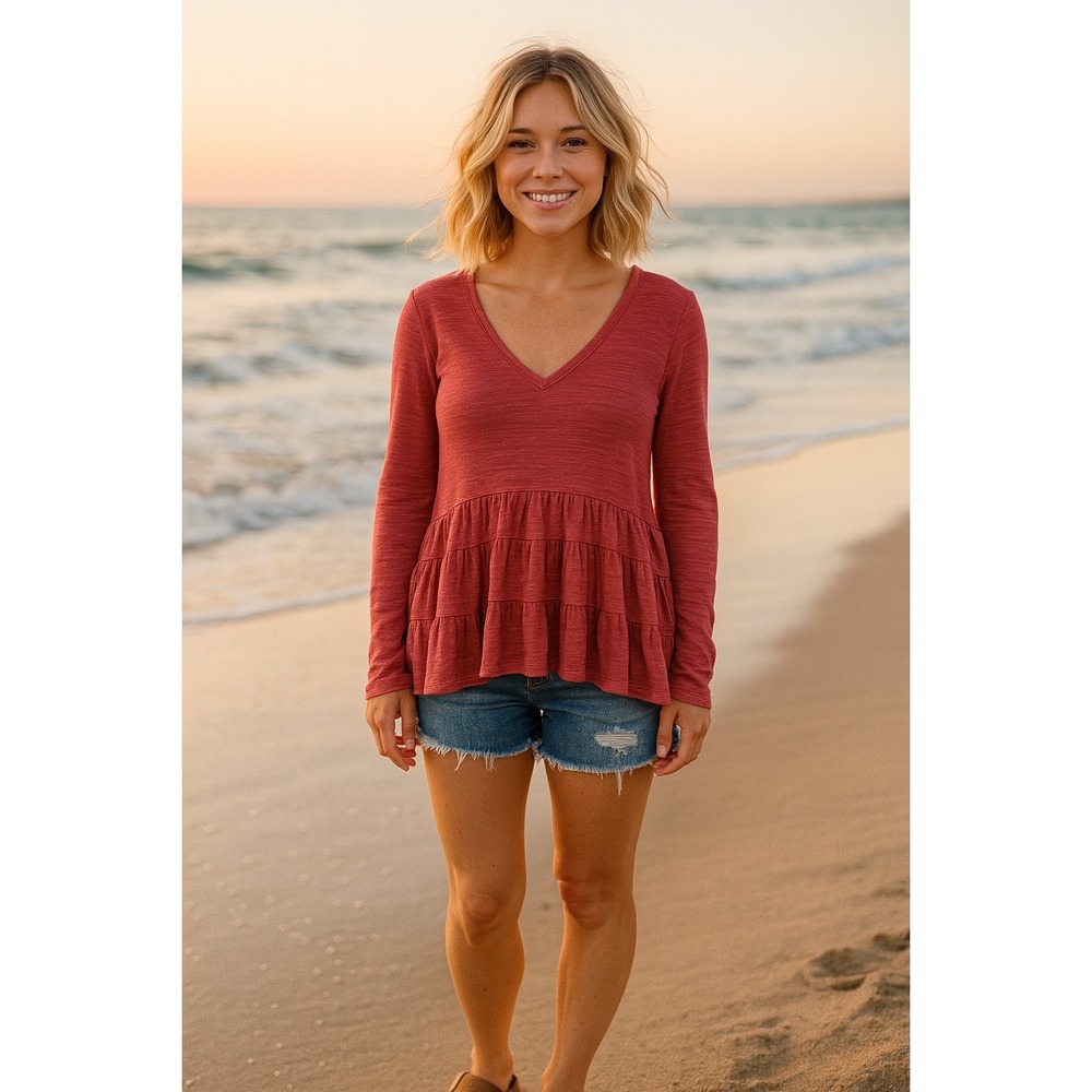 Deletta Peplum Top Ruffle‎ Hem Long Sleeve V-Neck Blouse Coral Pink XSP